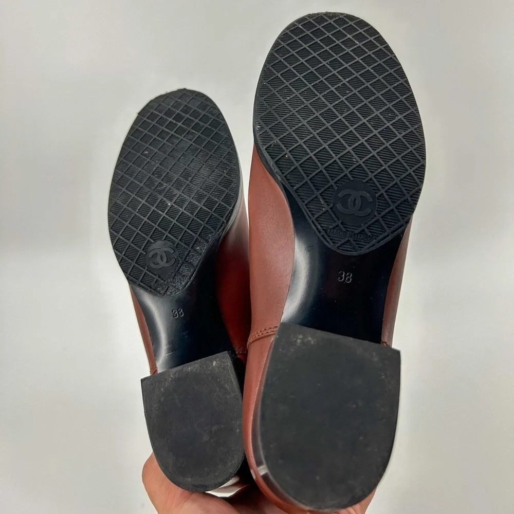 Chanel Caramel Cognac Brown Ankle Boots Logo Size 38